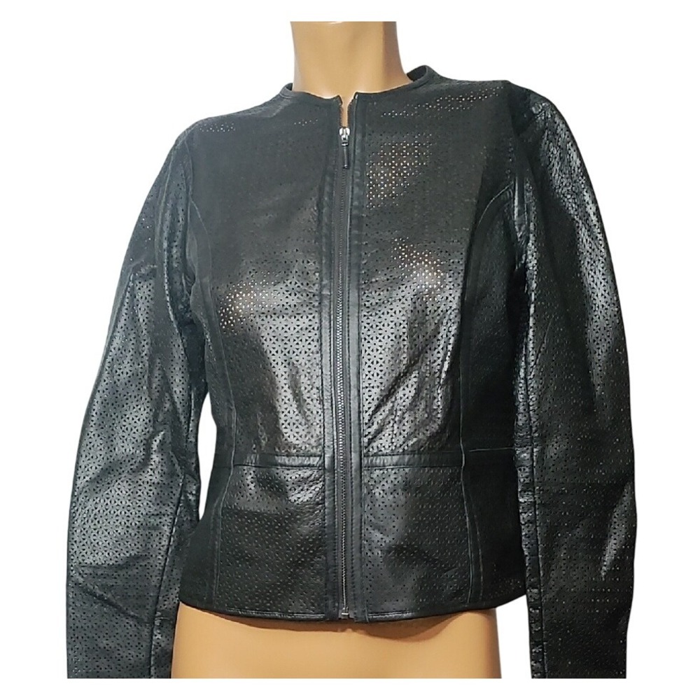H by Halston Black Leather Jacket Fitted Cropped Design